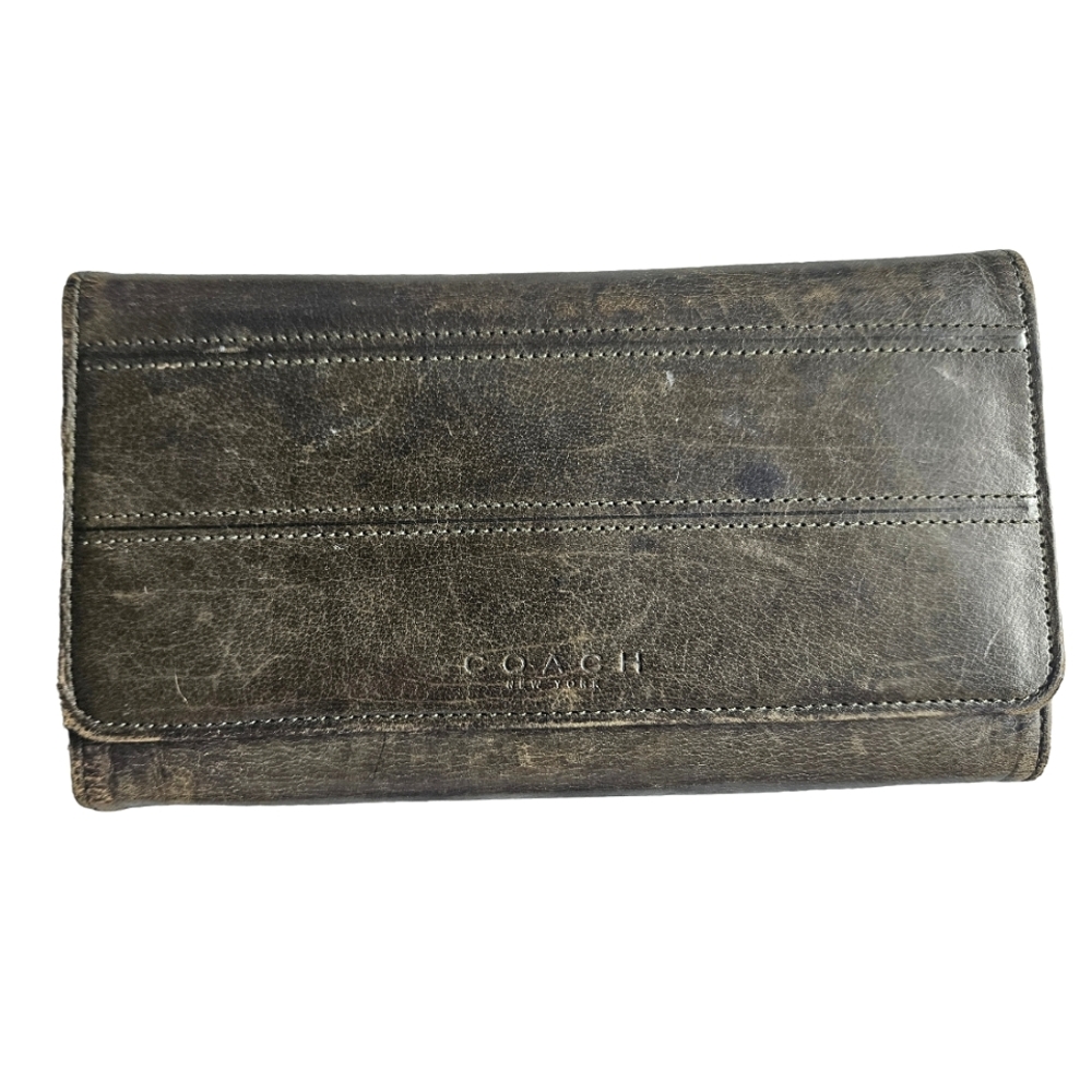 Coach Leather Trifold Wallet in Distressed Dark Brown